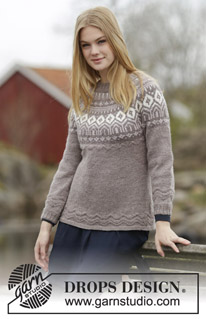 English Afternoon / DROPS 164-23 - Knitted DROPS fitted jumper with round yoke, Nordic pattern and purl stitches, worked top down in ”Karisma”. Size: S - XXXL.