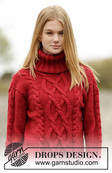 Winter Flame / DROPS 164-46 - Strikket DROPS genser i ”Alaska” med fletter og høy hals.