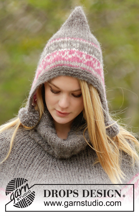 Sweet Winter Hat / DROPS 164-7 - Settet består av: Strikket DROPS lue i 2 tråder ”Brushed Alpaca Silk” eller 1 tråd ”Melody” med nordisk mønster, pongponger og rillekant, og strikket hals i vrbord.