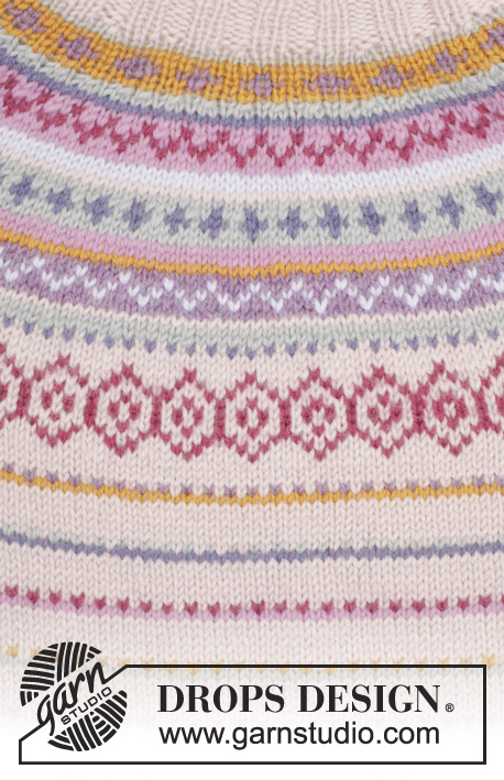 Sweet As Candy / DROPS 165-1 - Strikket DROPS genser i ”Karisma” med rundfelling og flerfarget mønster i border. Str S - XXXL.