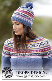 Mariuska / DROPS 165-23 - El conjunto se compone de: Jersey de punto DROPS con canesú redondo y punto jacquard y gorro con punto jacquard y pompón en Karisma Talla: S - XXXL.