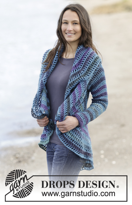 Gypsy Blue / DROPS 165-40 - Chaqueta en ganchillo DROPS trabajada en un círculo, en “Big Delight” y “Karisma”. Talla: S – XXXL.