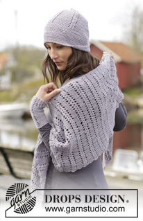 Viola / DROPS 166-44 - Settet består av: Virkad DROPS sjal, mössa och pulsvärmare i ”BabyAlpaca Silk” med solfjädersmönster.