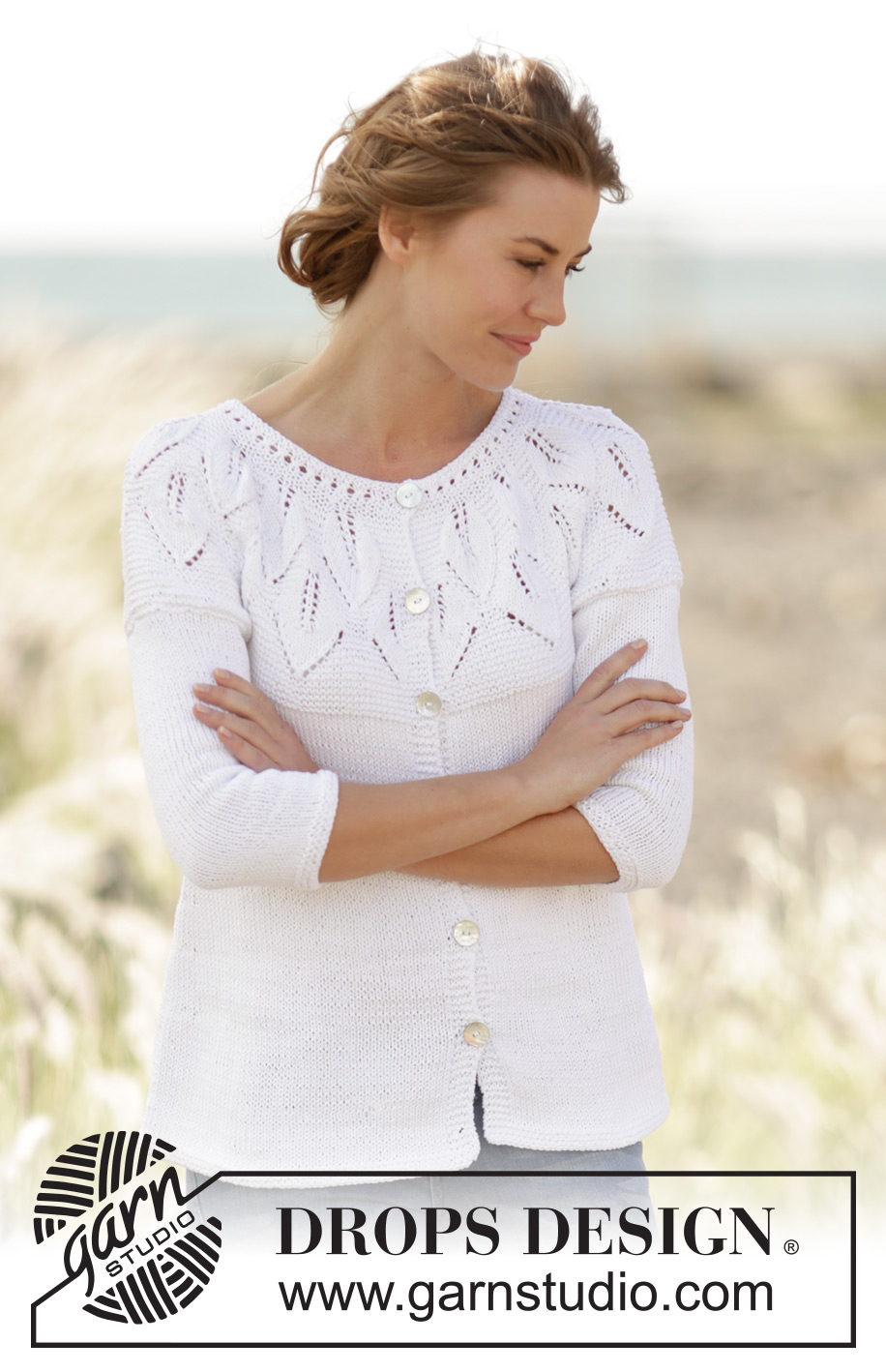 Summer Leaves Cardigan / DROPS 169-2 - Gilet DROPS avec point de feuilles et empiècement arrondi, tricoté de haut en bas, en ”Muskat”. Du S au XXXL.