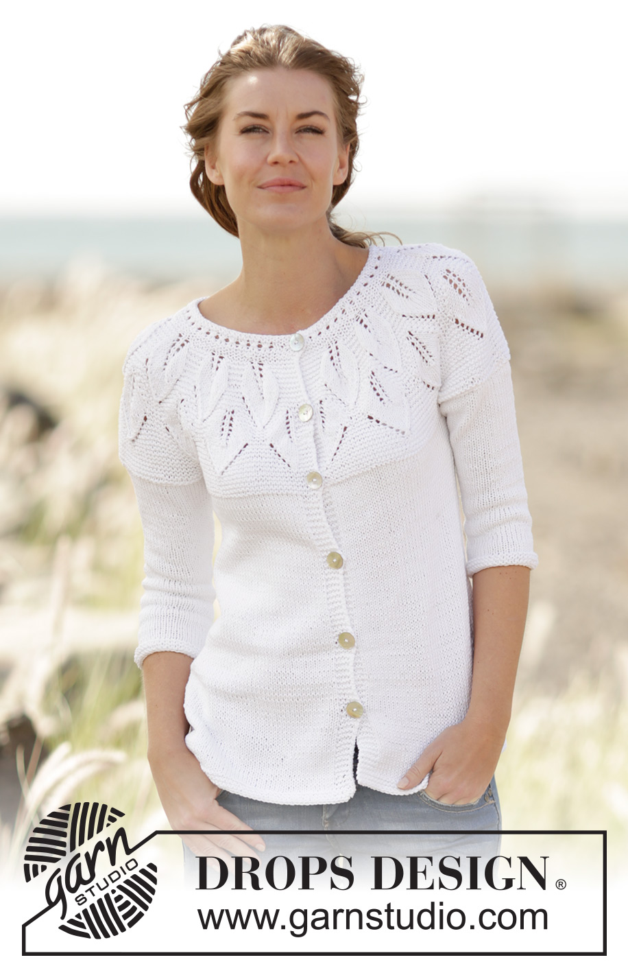 Summer Leaves Cardigan / DROPS 169-2 - Gilet DROPS avec point de feuilles et empiècement arrondi, tricoté de haut en bas, en ”Muskat”. Du S au XXXL.