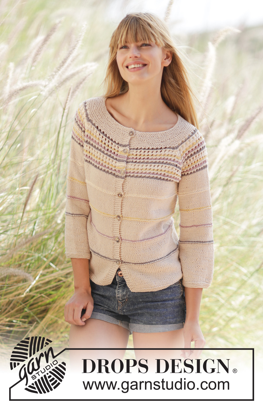 Freja Cardigan / DROPS 169-31 - Gilet raglan DROPS avec rayures, empiècement ajouré, et manches ¾, en “Belle”. Du S au XXXL.