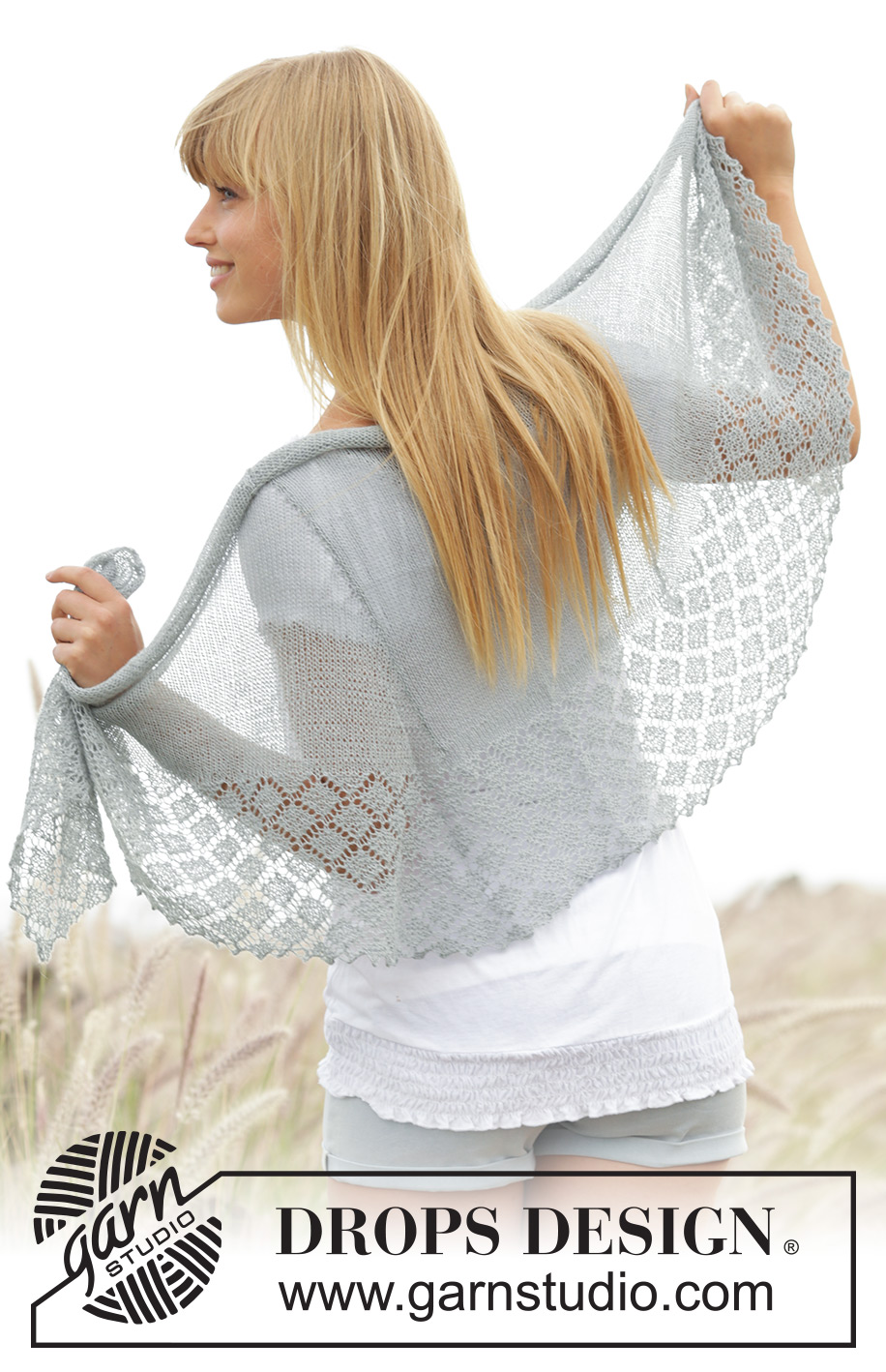 Falling in Lace / DROPS 169-8 - Gebreide DROPS omslagdoek in tricotst met kanten rand en ribbels van Lace.