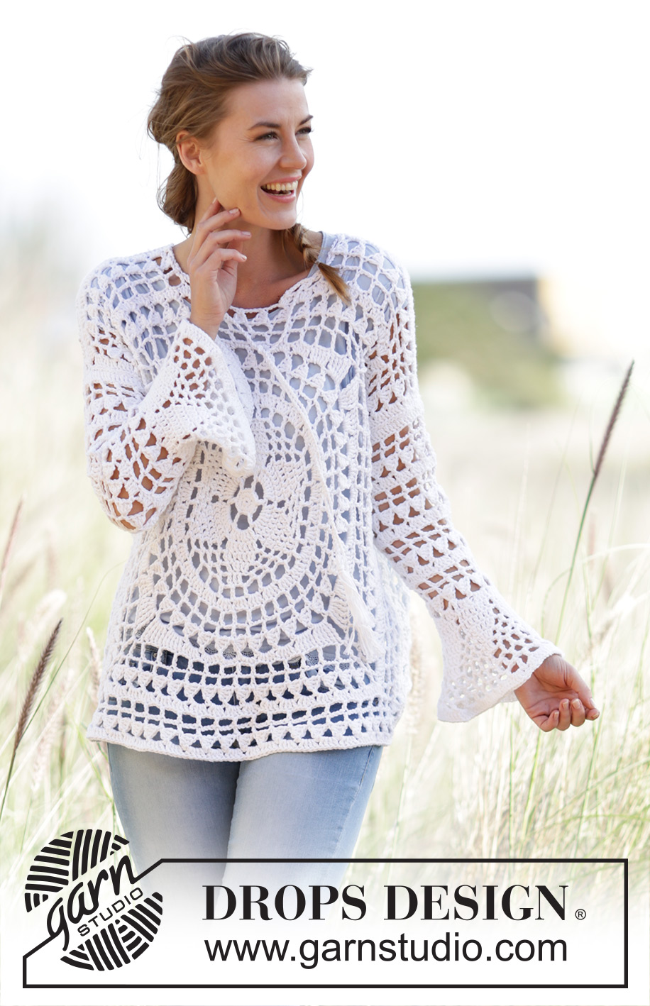 Janis / DROPS 170-2 - Crochet DROPS jumper worked in a square with flounce sleeves and lace pattern in ”Paris”. Size: S - XXXL.