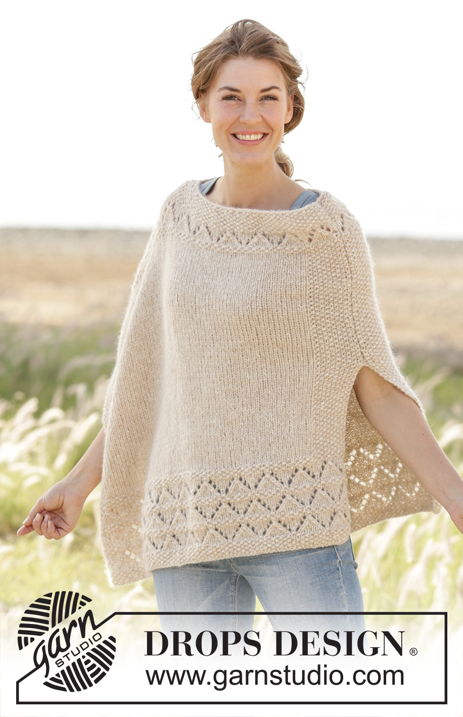 So Classy! / DROPS 170-28 - Poncho DROPS au point de riz avec point ajouré, en ”Air”. Du S au XXXL.