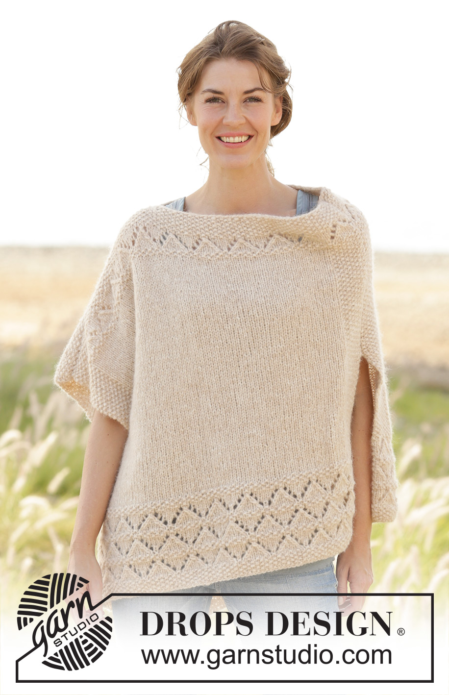 So Classy! / DROPS 170-28 - Poncho DROPS au point de riz avec point ajouré, en ”Air”. Du S au XXXL.