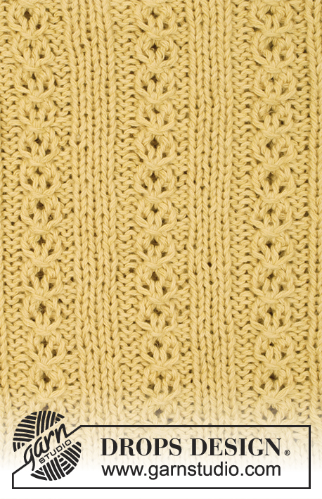 Golden Blossom / DROPS 170-29 - Strikket DROPS jakke i ”Belle” med hullborder på bærestk og ¾ lange ermer. Str S - XXXL.