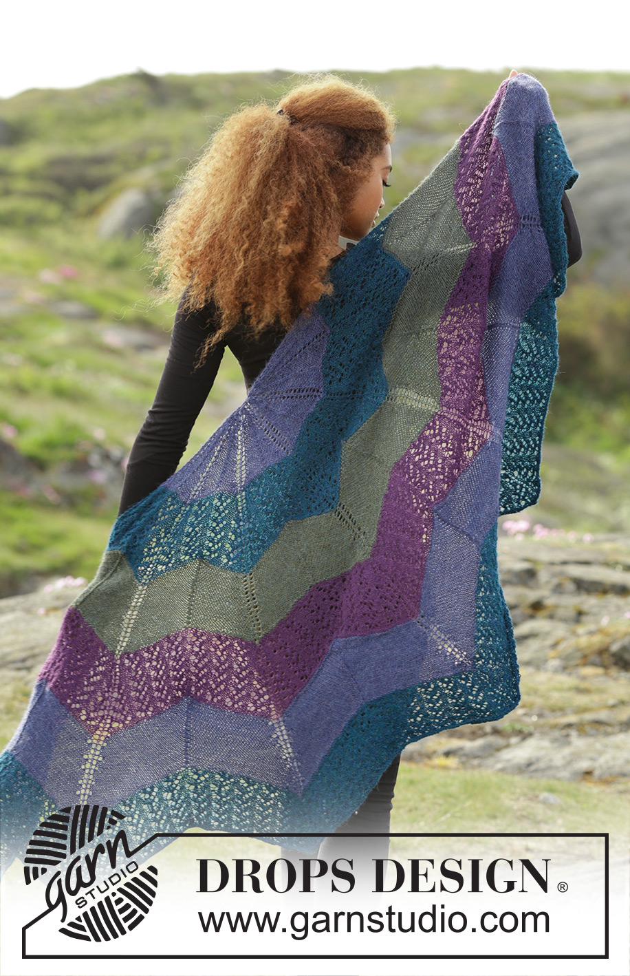 Aurora Borealis / DROPS 171-13 - Gestricktes DROPS Tuch in ”Alpaca” mit Zackenmuster, Lochmuster und Streifen.