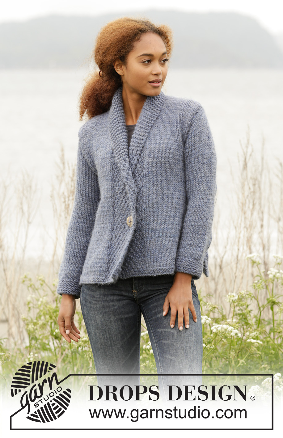 Winter Hues / DROPS 171-2 - Knitted DROPS jacket with double moss st in band and shawl collar in DROPS Snow ot DROPS Wish. Size: S - XXXL.