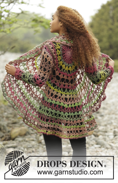 Fall Festival / DROPS 171-21 - Gilet crocheté en cercle, avec 1 fil DROPS Big Delight ou 1 fil DROPS Fabel et 1 fil DROPS Flora.  Du S au XXXL.