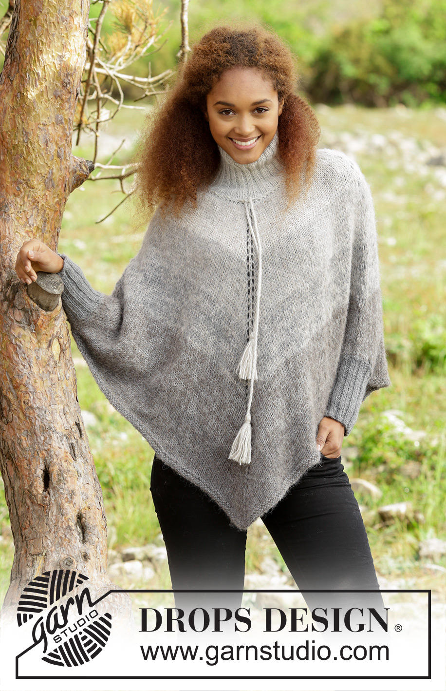 Winter Drizzle / DROPS 171-33 - Knitted DROPS poncho with stripes turtle neck in rib and twined string with tassels, worked top down in ”Alpaca” and ”Brushed Alpaca Silk”. Size: S - XXXL.