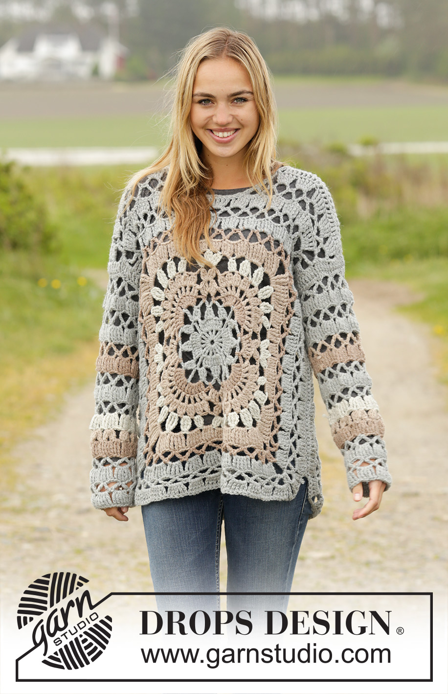 Harvest Love / DROPS 171-35 - Maglione DROPS lavorato all’uncinetto con quadrati e motivo traforato in ”Nepal”. Taglie: S - XXXL.
