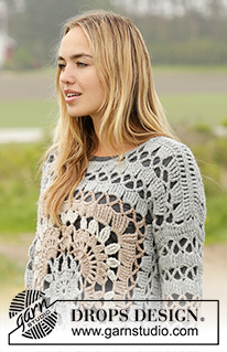 Harvest Love / DROPS 171-35 - Maglione DROPS lavorato all’uncinetto con quadrati e motivo traforato in ”Nepal”. Taglie: S - XXXL.