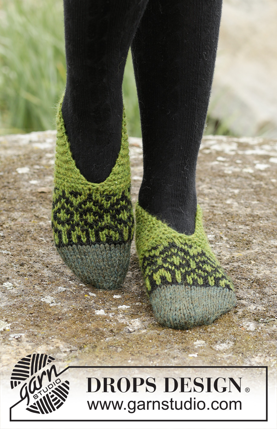 Olive Love / DROPS 171-39 - Knitted DROPS slippers with Nordic pattern worked from toe up in ”Nepal”. Size 35 - 42