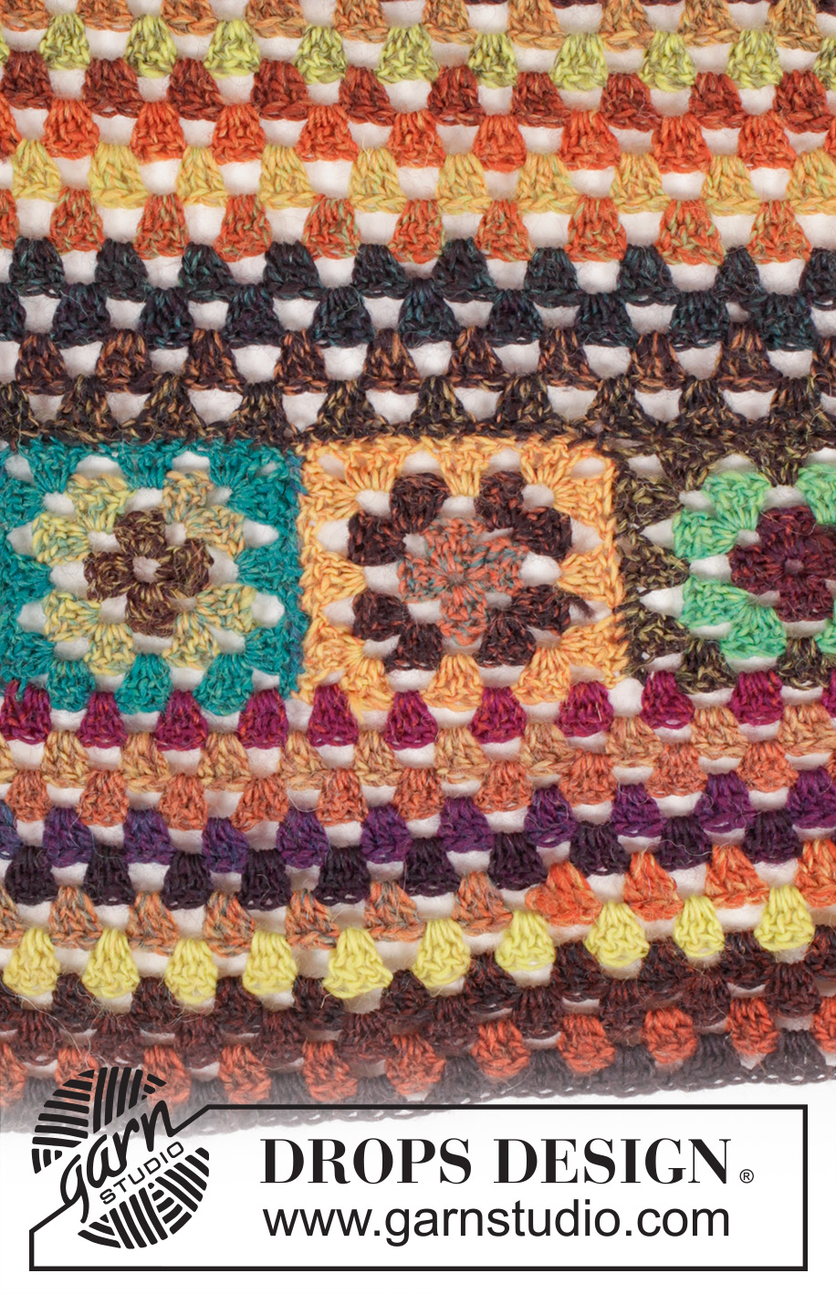 Autumn Harvest / DROPS 171-43 - Scialle DROPS lavorato all’uncinetto con granny squares e maglie alte in ”Delight”.