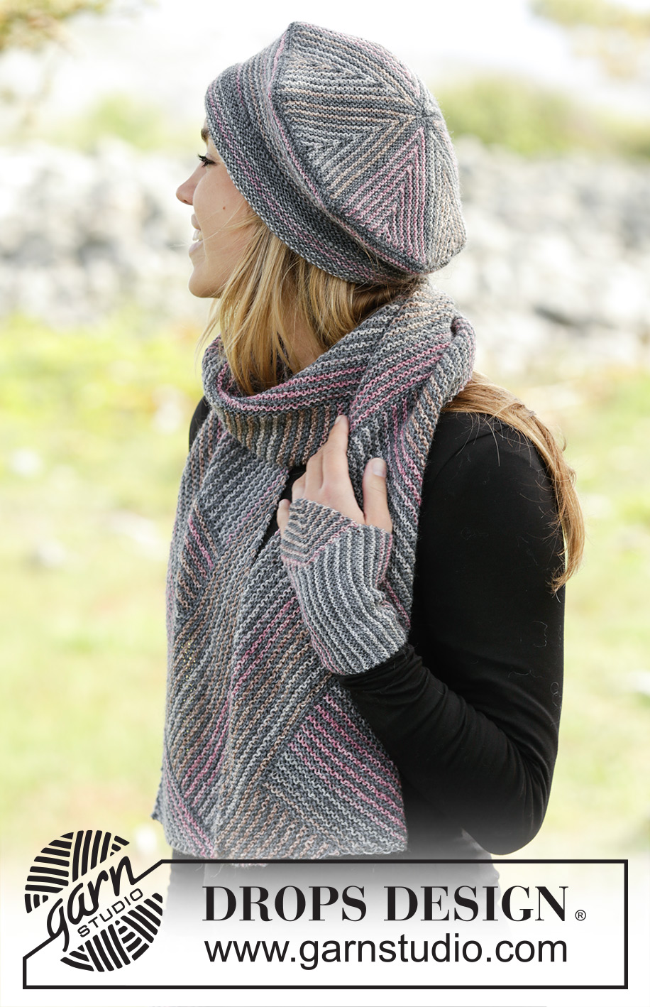 Tara / DROPS 171-48 - Set consists of: Knitted DROPS beret and wrist warmers with domino squares and scarf worked diagonally with stripes in ”Fabel”.