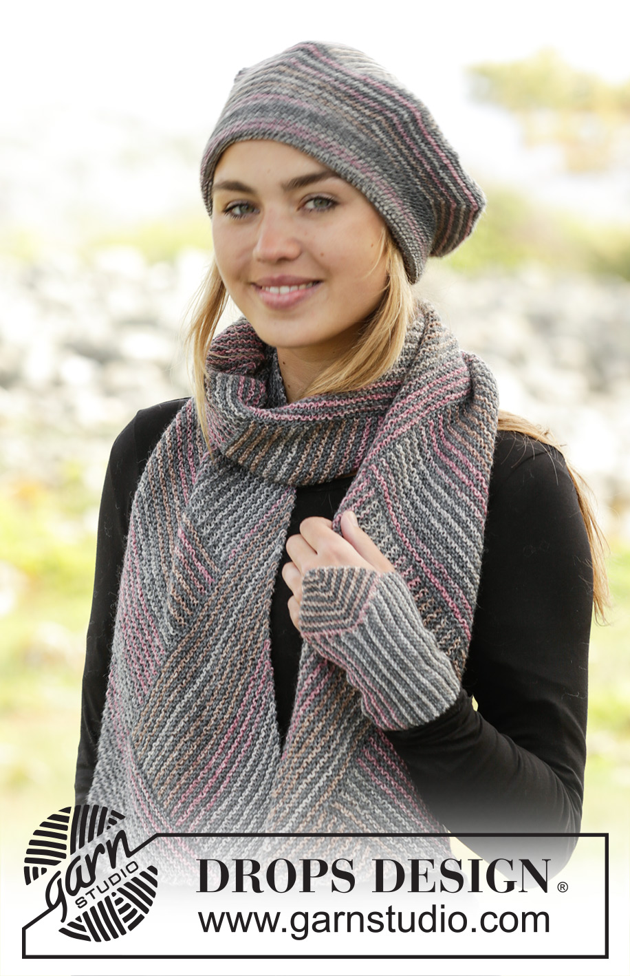 Tara / DROPS 171-48 - Set consists of: Knitted DROPS beret and wrist warmers with domino squares and scarf worked diagonally with stripes in ”Fabel”.