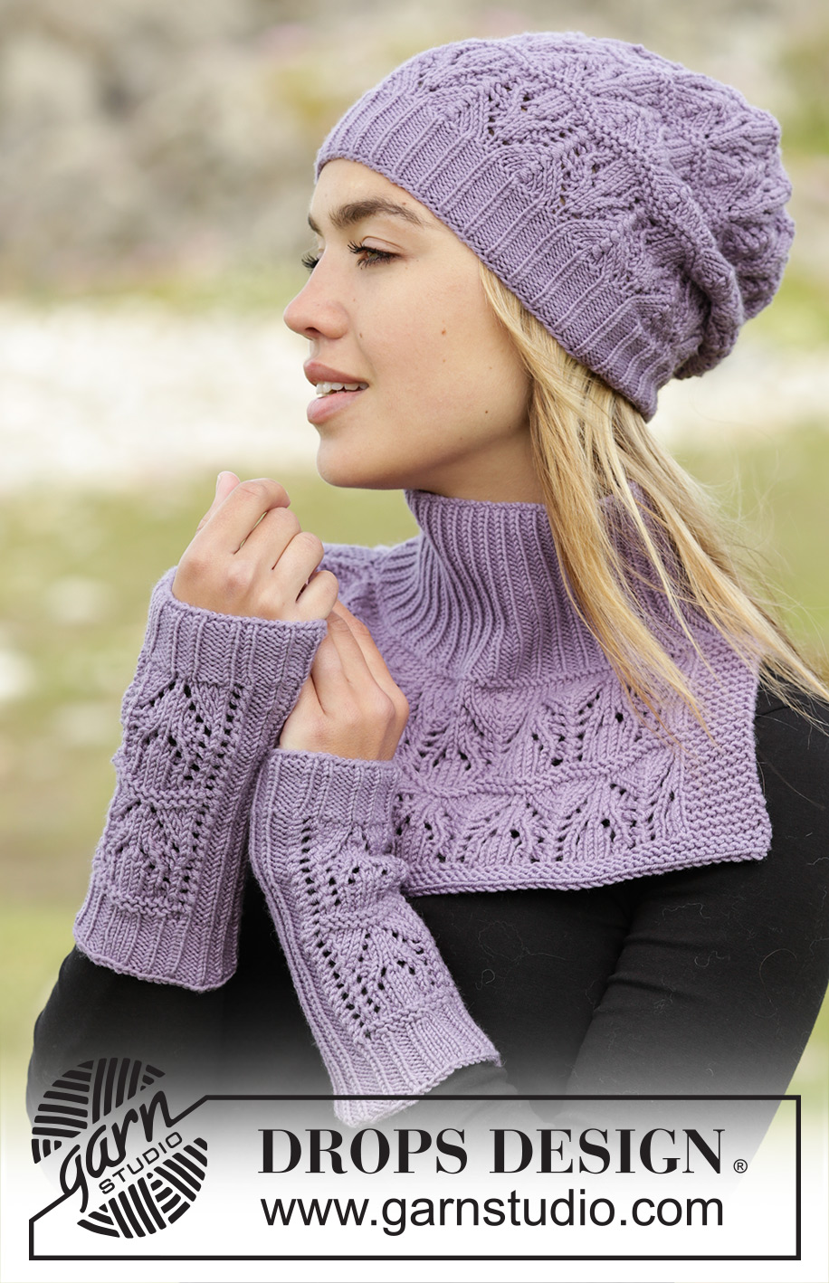 Sweet Verbena / DROPS 171-54 - Ensemble: Bonnet, tour de cou et manchettes DROPS avec point ajouré, en ”Merino Extra Fine”.
