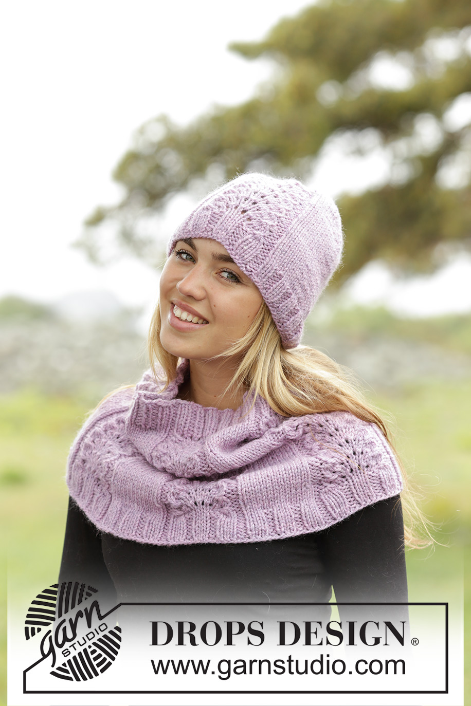 Malin / DROPS 171-56 - Ensemble: Bonnet, moufles et tour de cou DROPS, avec point ajouré et côtes, en ”Alaska”.