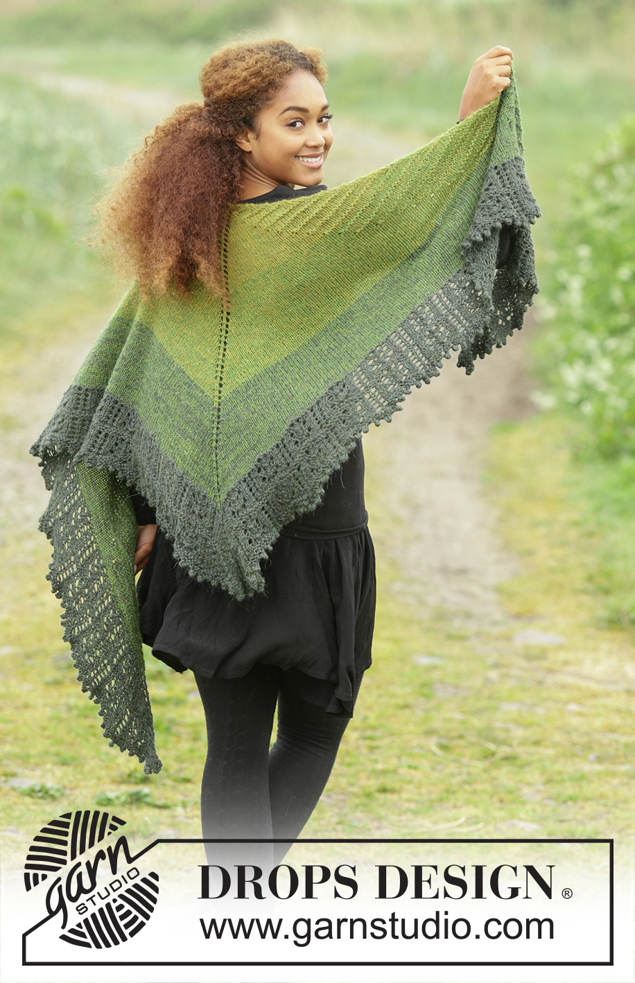Shades of Eire / DROPS 171-8 - Châle DROPS avec rangs raccourcis, point ajouré et rayures, tricoté de haut en bas avec 2 fils Alpaca.