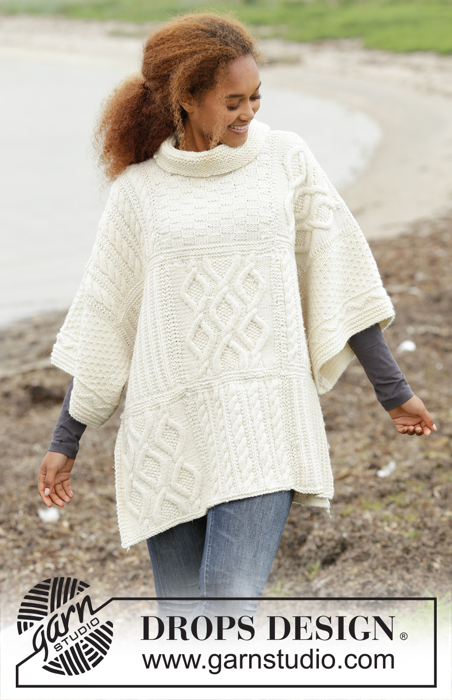 Comfort Chronicles / DROPS 172-22 - Poncho DROPS avec manches, patchwork de torsades et points texturés, en ”Nepal”. Taille Unique