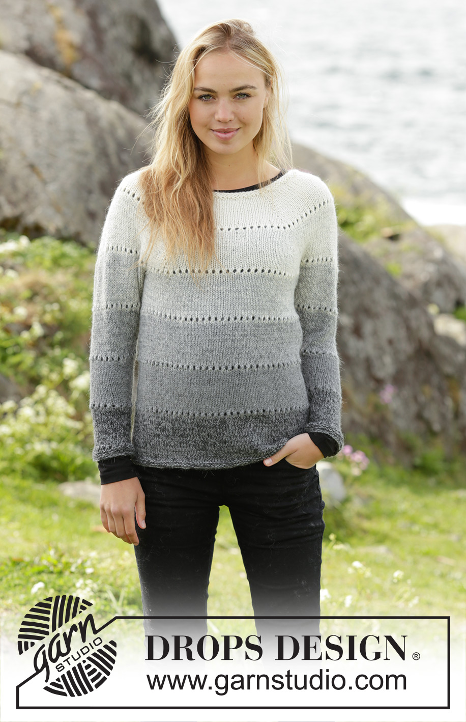 Shades of Grey / DROPS 172-23 - Strikket DROPS bluse i 2 tråde ”Alpaca” med rundt bærestykke og striber, strikket oppefra og ned. Str S - XXXL.