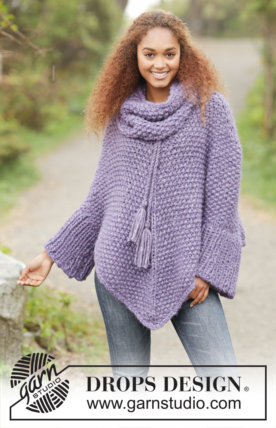 Lavender Grove / DROPS 172-25 - Strikket DROPS poncho i 2 tråder Cloud eller 4 tråder Air med perlestrikk, løs hals, strikket ovenfra og ned. Str S- XXXL.
