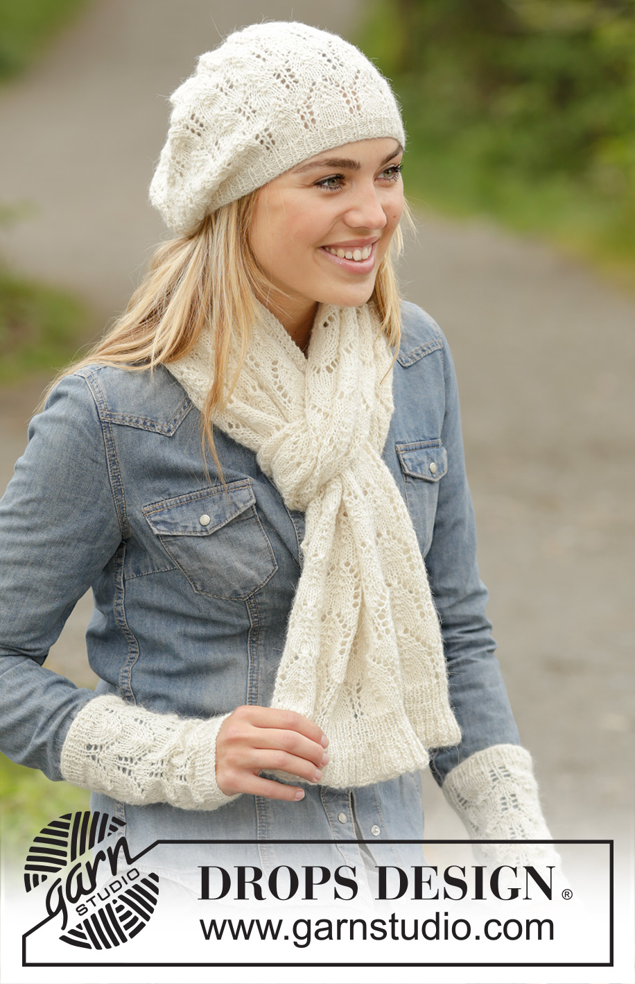 Snow Angel / DROPS 172-29 - Ensemble: Bonnet, écharpe et manchettes ajourés DROPS, en BabyMerino. Du S a u L