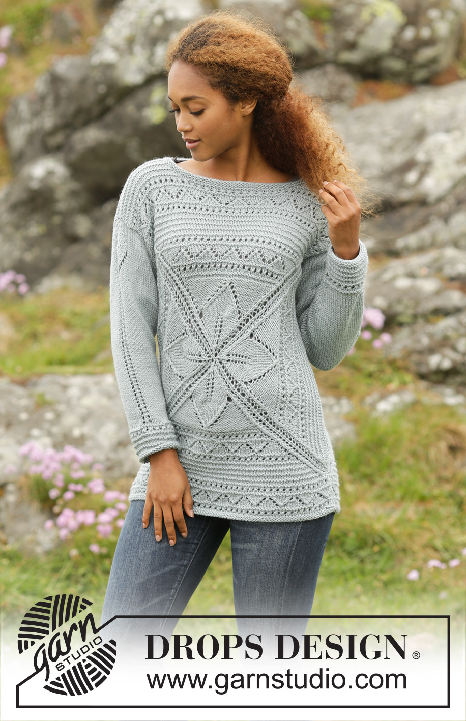 Lucky Charm / DROPS 172-3 - Lehtikuvioinen DROPS pitsineulepusero ”Cotton Merino” -langasta. Neulotaan keskeltä ulospäin neliönä. Koot S-XXXL.