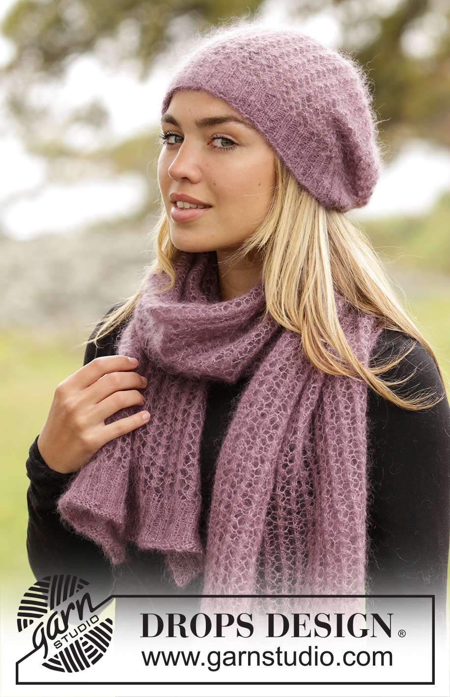 Jacinta / DROPS 172-30 - Ensemble: Bonnet et écharpe ajourés DROPS avec côtes, en ”Kid-Silk”.