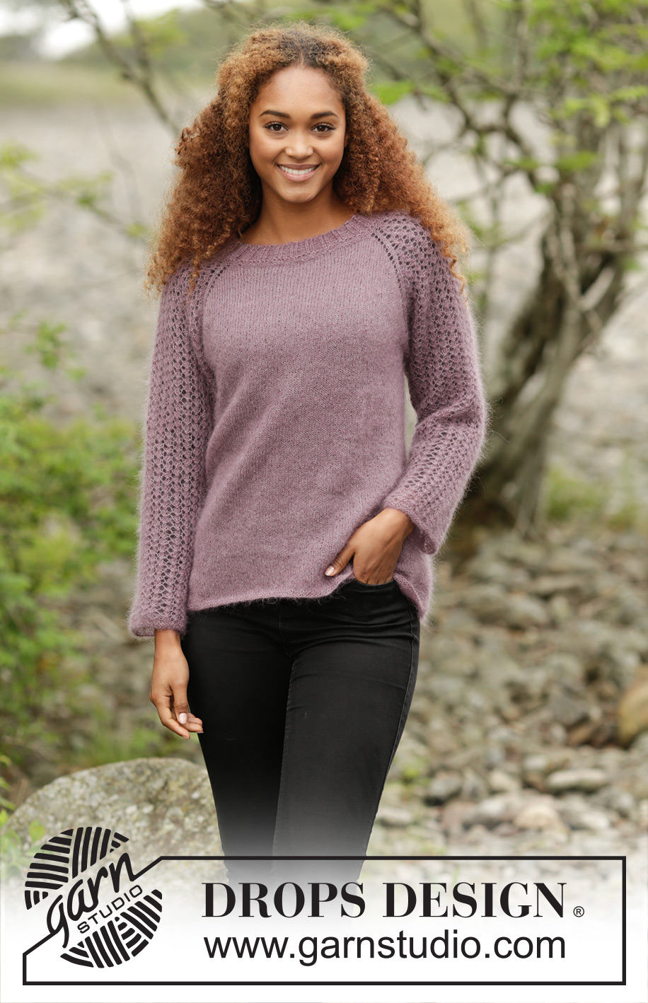Touch of Heather / DROPS 172-32 - Strikket DROPS bluse i ”Kid-Silk” med raglan og hulmønster, strikket oppefra og ned. Str S - XXXL.