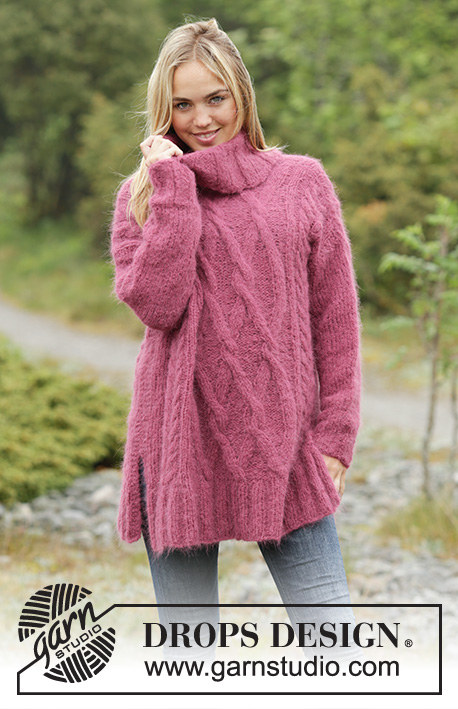 Warm Wine / DROPS 172-36 - Pull oversize DROPS, avec torsades et col roulé, en ”Melody”. Du S au XXXL.