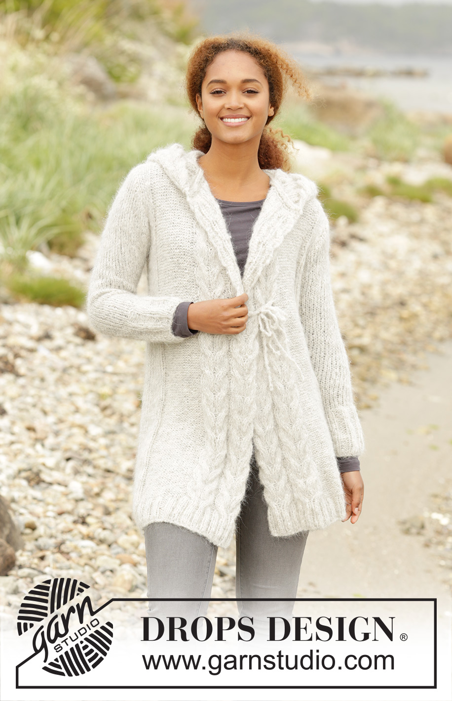 Melody of Snow / DROPS 172-4 - Knitted DROPS jacket with cables and hood in ”Melody”. Size XS/S - XXXL.
