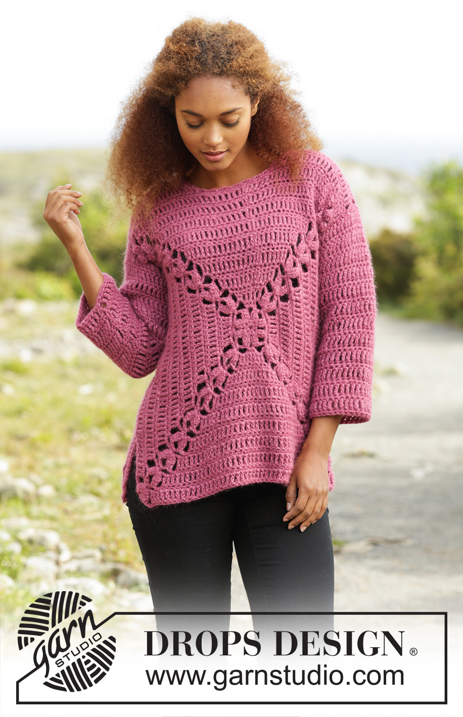 Autumn Rose / DROPS 172-41 - Crochet DROPS jumper worked in a square with fan pattern in Air. Size: S - XXXL.