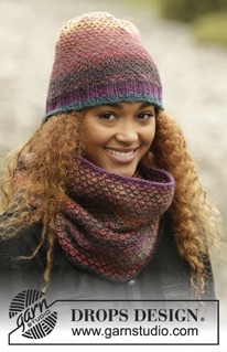 Eventide / DROPS 172-43 - De set bevat: gebreide DROPS halswarmer en muts met kleurenpatroon van ”Big Delight”.