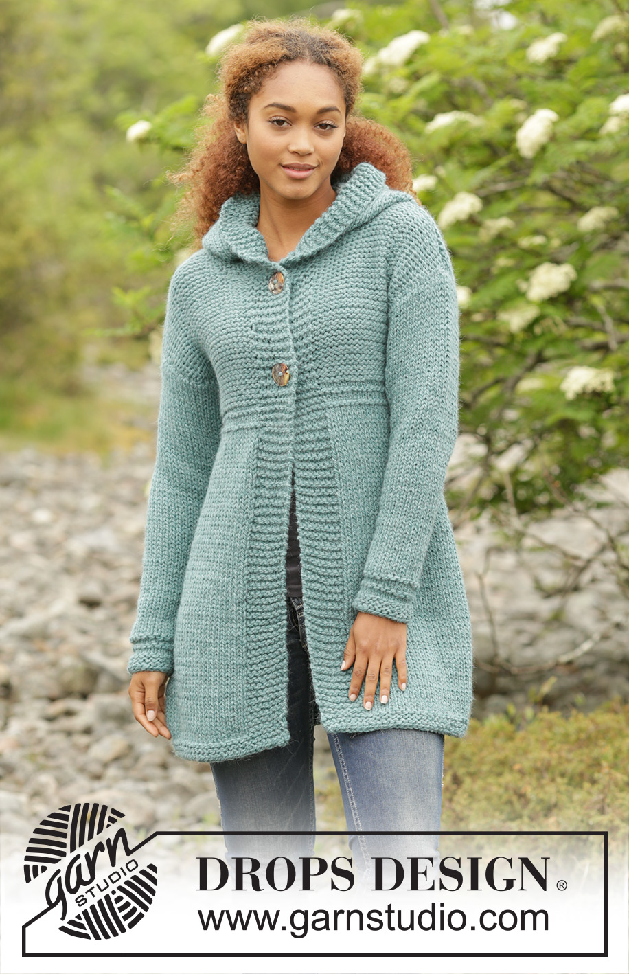 Aredhel / DROPS 172-46 - Knitted DROPS jacket with hood and A-shape in Andes. Size: S - XXXL.