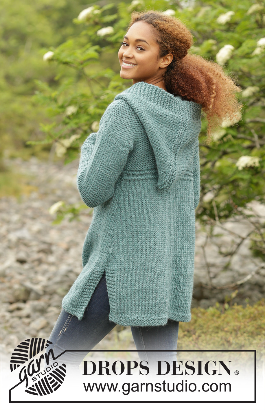 Aredhel / DROPS 172-46 - Knitted DROPS jacket with hood and A-shape in Andes. Size: S - XXXL.