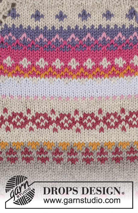 Highland Heather / DROPS 172-5 - DROPS Karisma lõngast ülevalt alla kootud mitmevärvilise mustriga, raglaan varrukatega ja vööga kleit suurustele S kuni XXXL