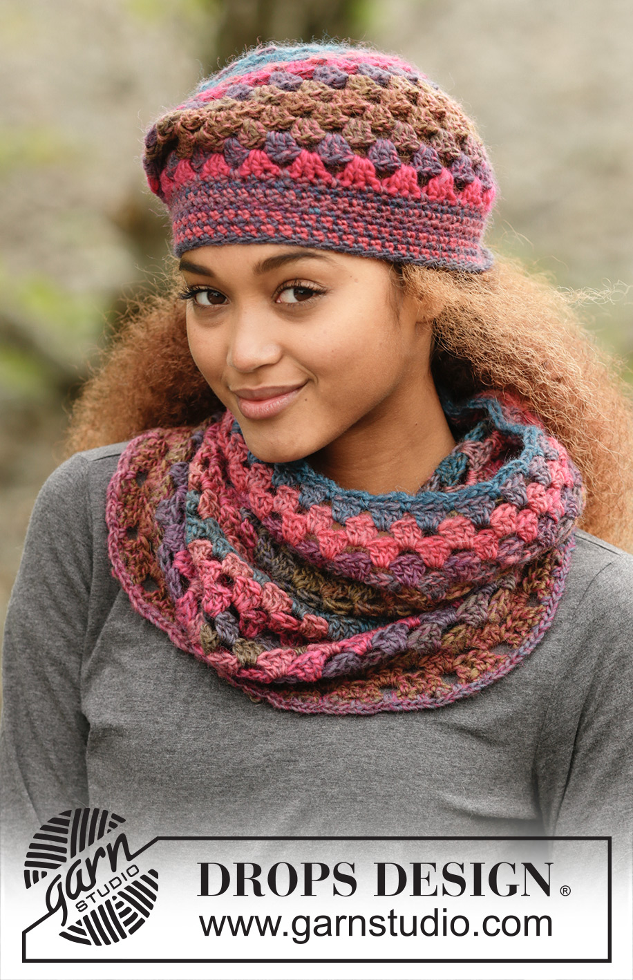 In Treble / DROPS 172-7 - Conjunto DROPS: Gorro e gola crochetados com grupos de pontos altos, com 1 fio DROPS Big Delight ou 2 fios DROPS Fabel.
