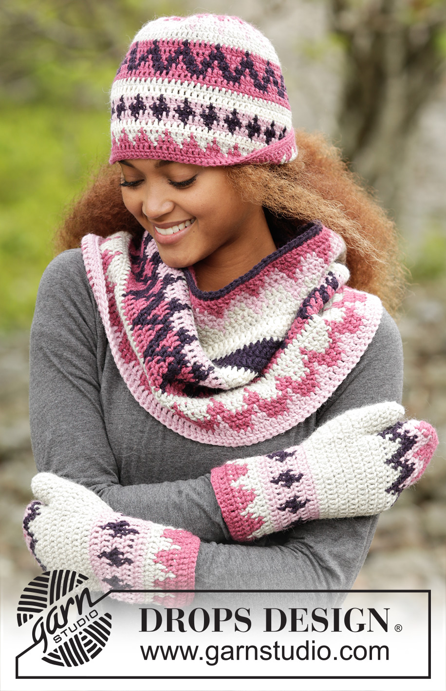 Pink Maze / DROPS 172-9 - Gehaakte DROPS muts, halswarmer en wanten met veelkleurig patroon van “Nepal”.