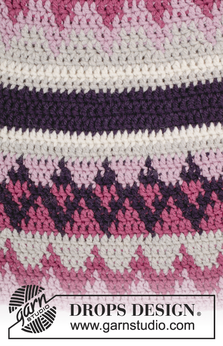 Pink Maze / DROPS 172-9 - Gehaakte DROPS muts, halswarmer en wanten met veelkleurig patroon van “Nepal”.