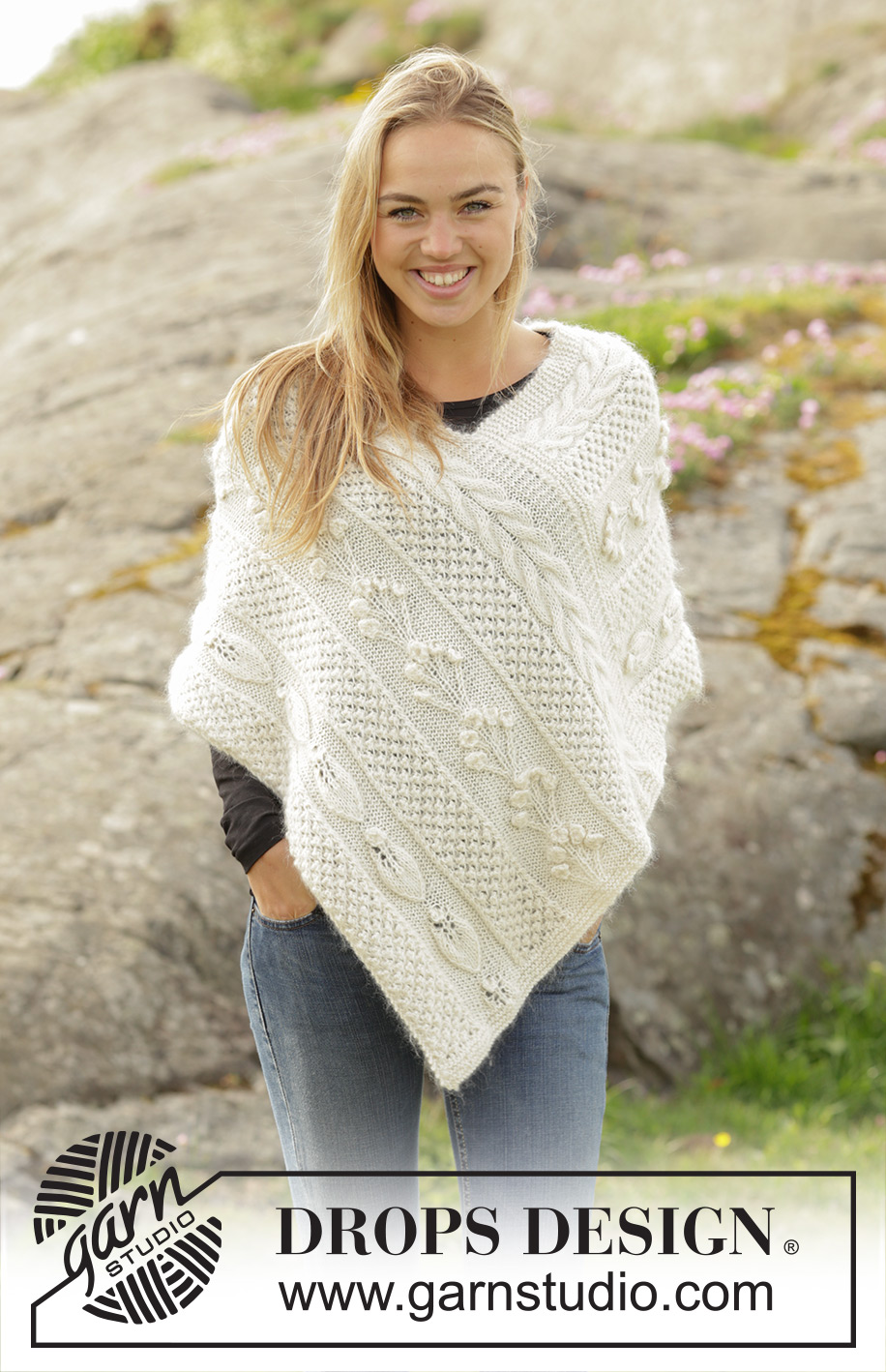 Snow Beads / DROPS 173-12 - Strikket DROPS poncho i ”Alpaca” og ”Brushed Alpaca Silk” med ulike typer mønsterstrikk. Str S - XXXL.