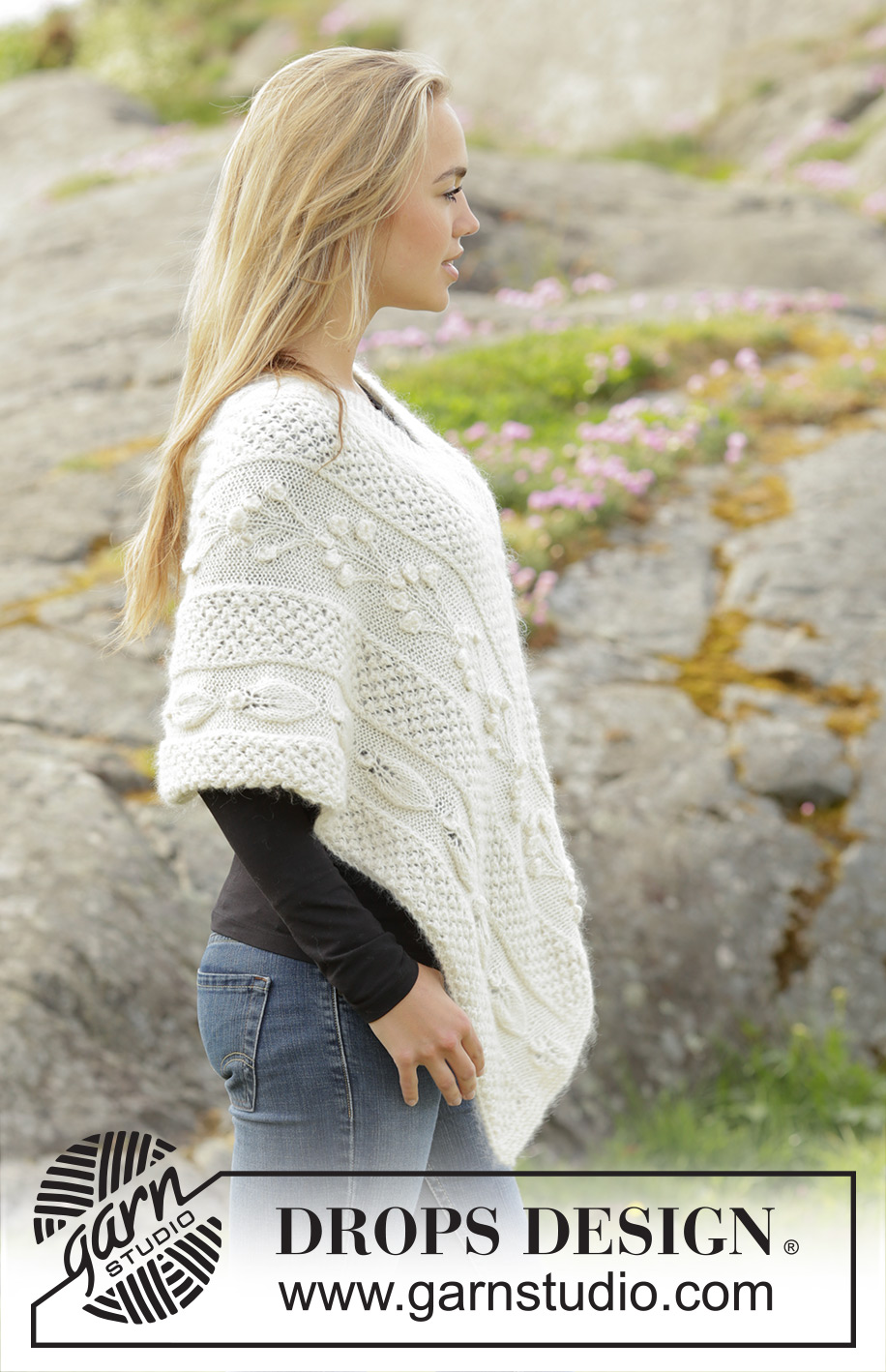 Snow Beads / DROPS 173-12 - Strikket DROPS poncho i ”Alpaca” og ”Brushed Alpaca Silk” med ulike typer mønsterstrikk. Str S - XXXL.