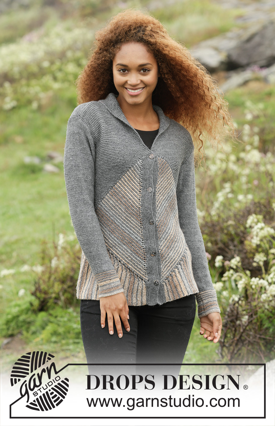 Tauriel Cardigan / DROPS 173-15 - Cardigan DROPS ai ferri, a punto legaccio con quadrati domino, a strisce e con collo a scialle, in Fabel. Taglie: Dalla S alla XXXL.