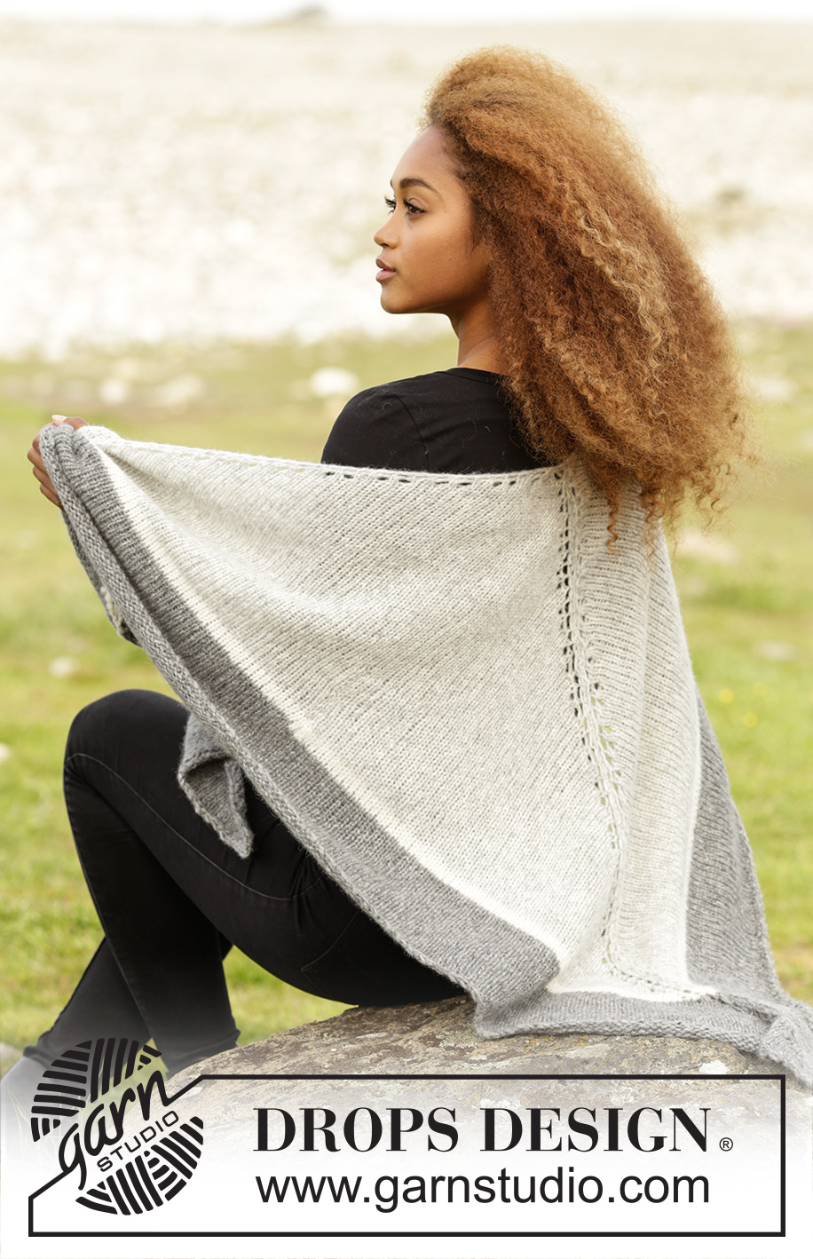 Open Air / DROPS 173-16 - Knitted DROPS shawl with stripes, worked top down in ”Air”.