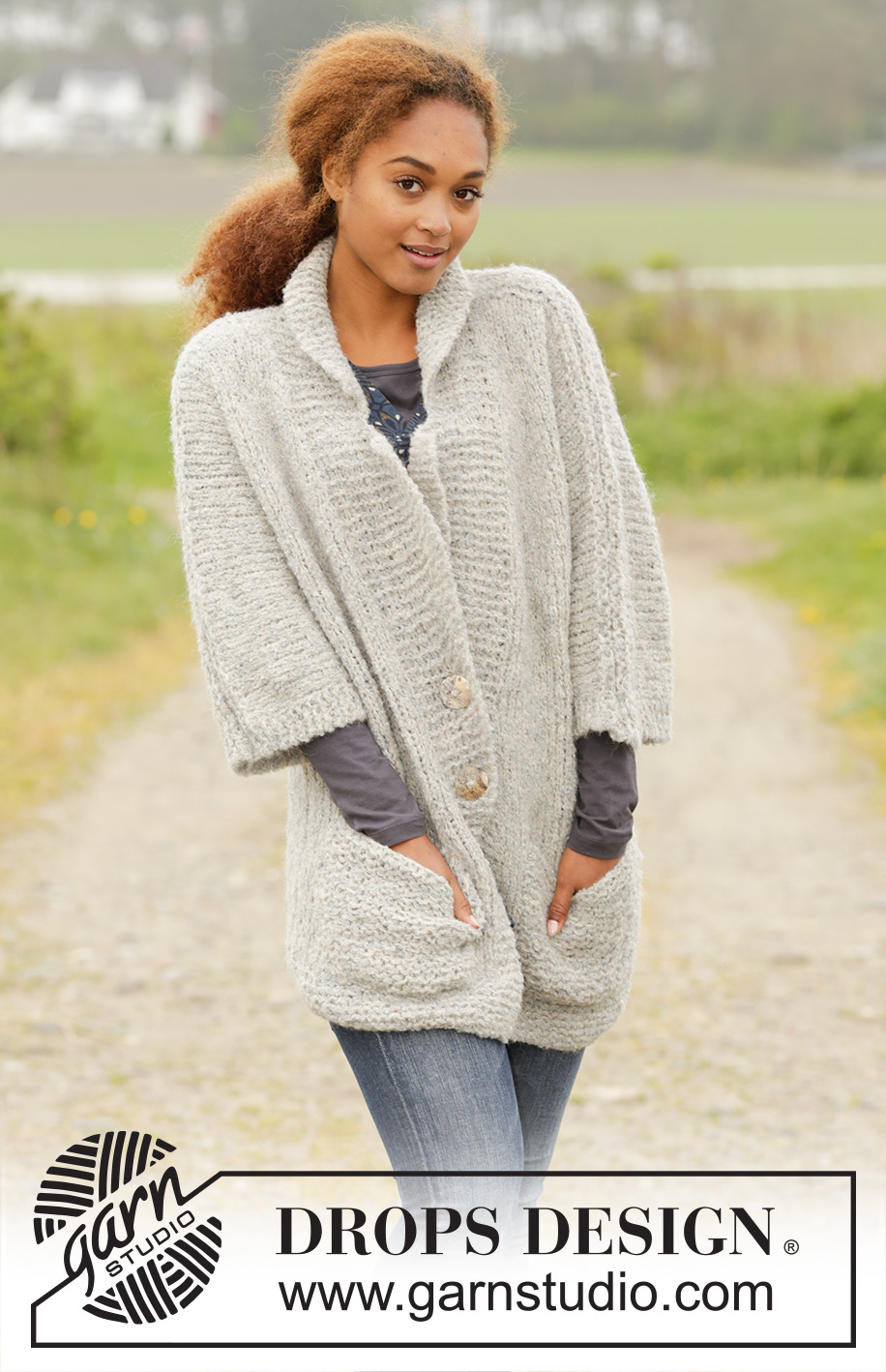 Clarice / DROPS 173-30 - Veste DROPS avec point mousse, poches et col, en Alpaca Bouclé et Brushed Alpaca Silk. Du S au XXXL.